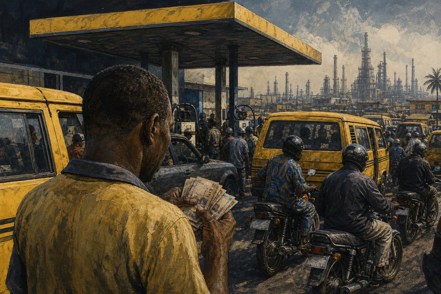 Illustration d’une file de véhicules dans une station-service, avec une raffinerie à l’arrière-plan